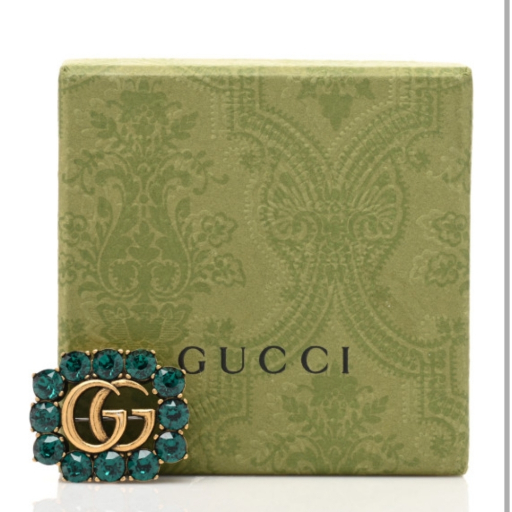 RARE! Gucci Metal Crystal Double G Brooch Aged Gold Green